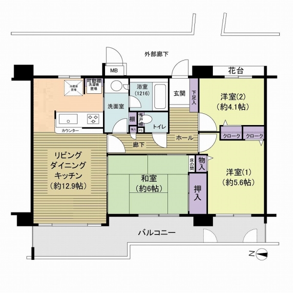 所在階2階、64.47㎡の3LDKの間取り
