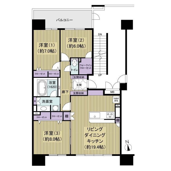 約19.4帖のLDKを中心としたゆとりある3LDKプラン