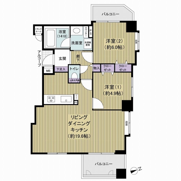 専有面積64.88㎡、2LDKのお部屋