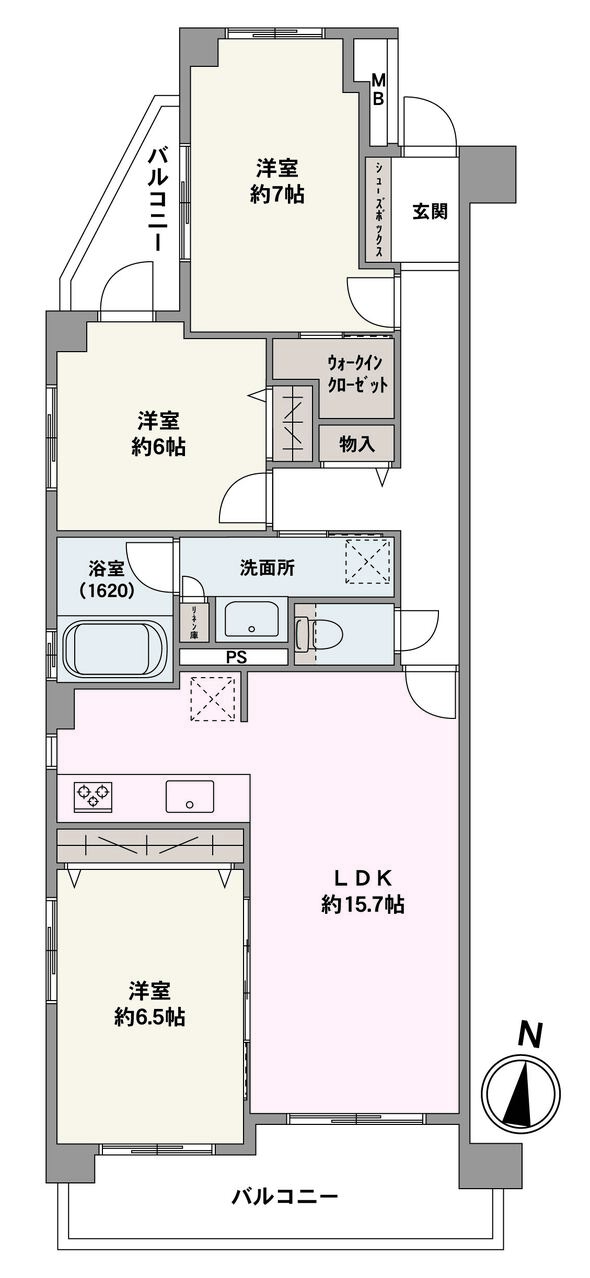 3方向角部屋のため、心地よい陽光と風が入り込む3LDK。2026年7月に内装リフォーム済みの即入居できるお部屋です。全洋室と廊下に収納が備わっており、居住空間を広く使うことが可能です。