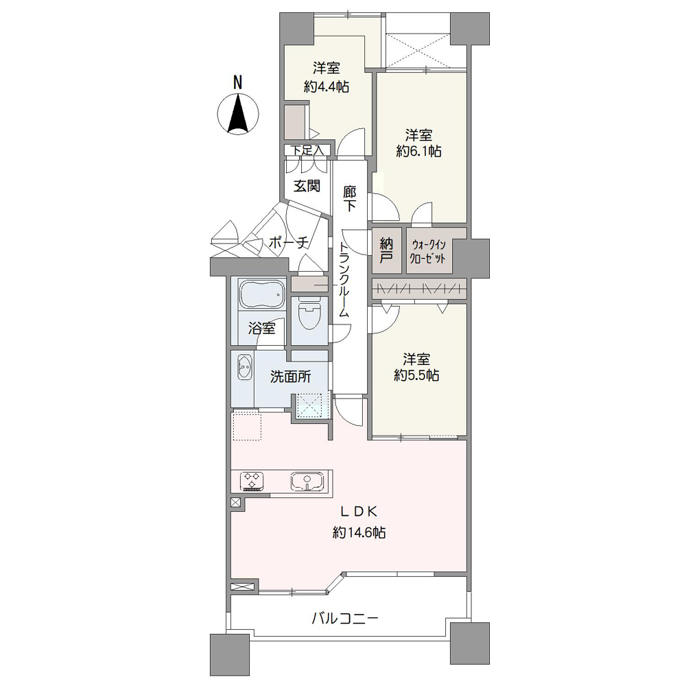 南向きのバルコニーが備わった3LDKの住戸です。玄関からは室内が見えにくい設計で、外からのプライバシーが守られやすい間取りです。