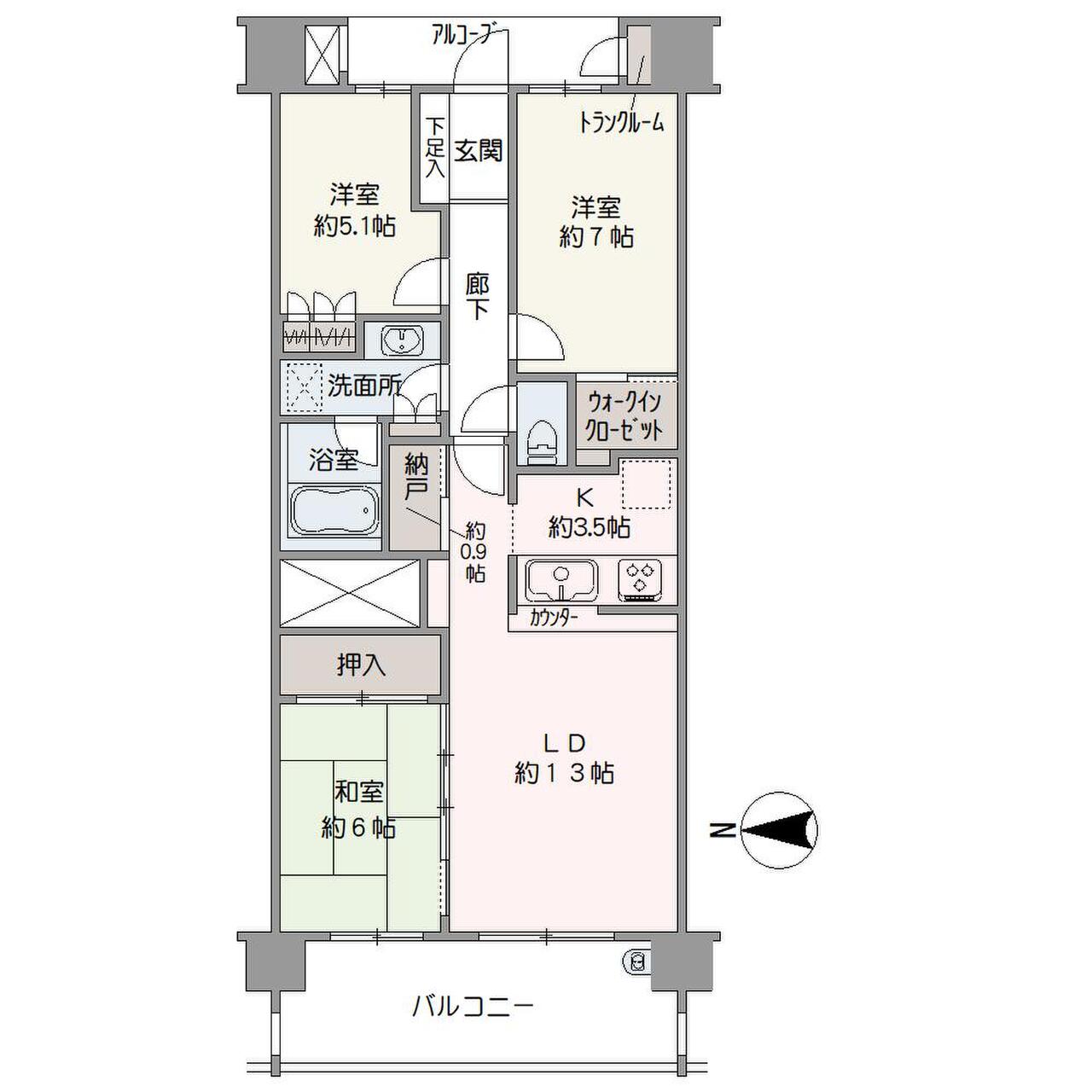 全居室収納付きの、ゆとりある3LDK。約13.0帖のLDと隣接する和室をつなげれば、約19.0帖の広々とした空間としても活用可能。玄関前にはプライバシー性を高めるアルコーブ付きです。