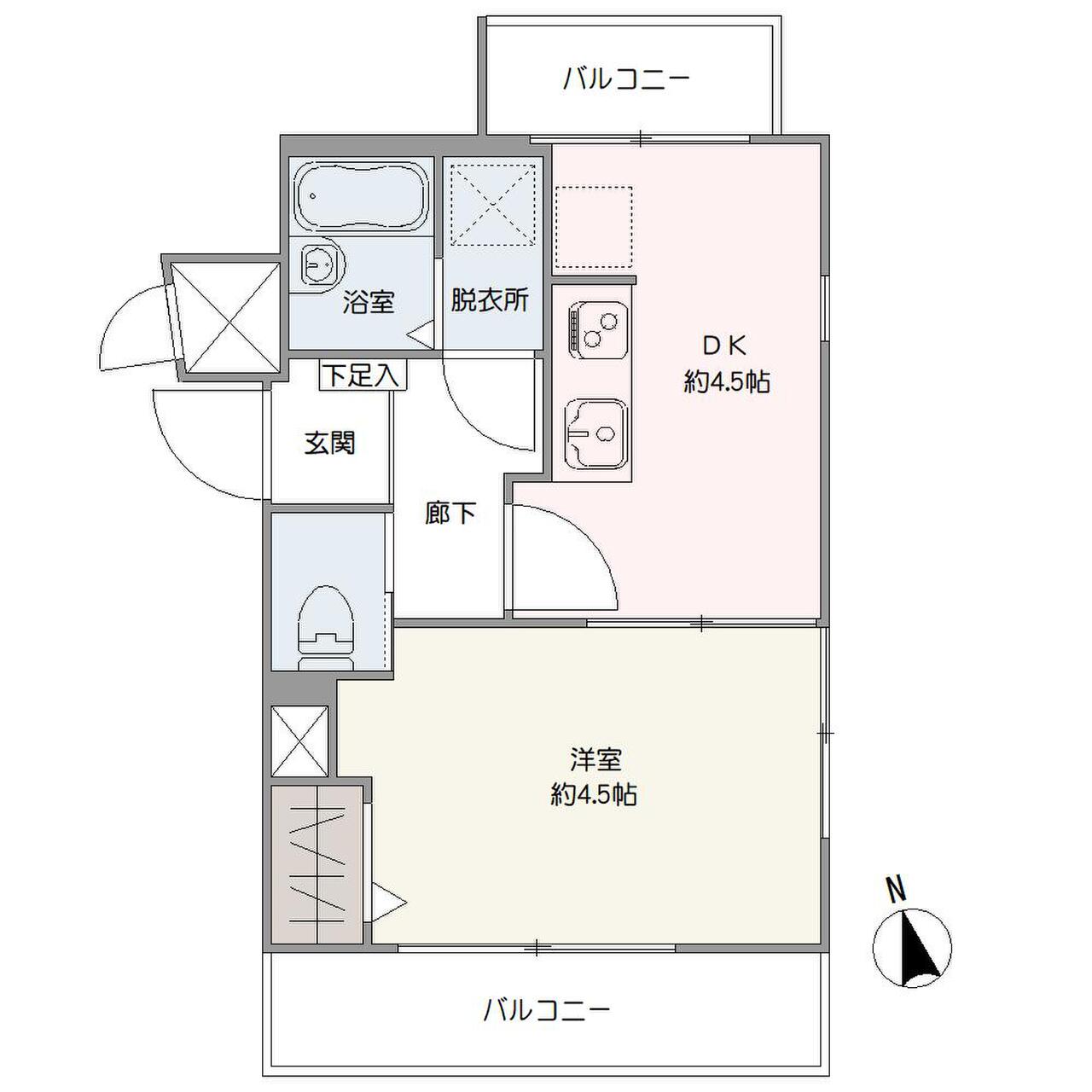 両面バルコニー付きの陽当り・通風良好な南向き角住戸。約4.5帖のDKと約4.5帖の洋室は引き戸を開放して続き間としても利用可能。浄水器や温水洗浄便座など機能的な設備付き。
