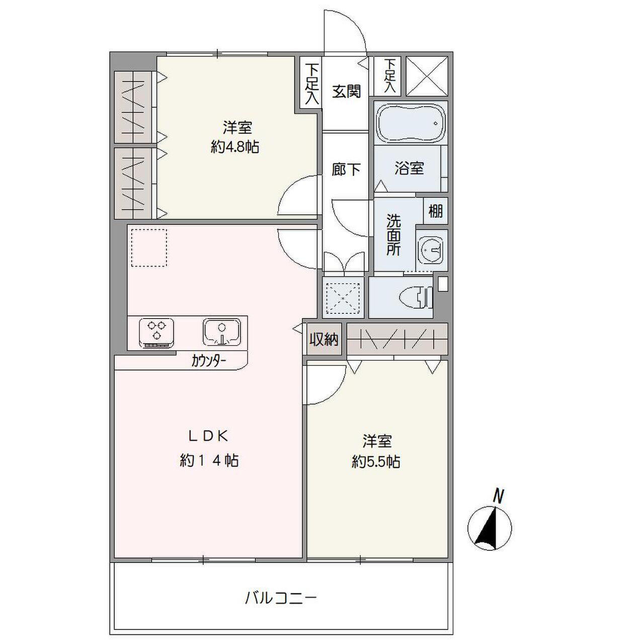 陽当たり・眺望良好な南東向き住戸。LDKは約14帖の広さがあり、ゆったりとお寛ぎいただけます。全居室収納付きのため、収納家具を最低限に、住空間を広々と使うことができます。