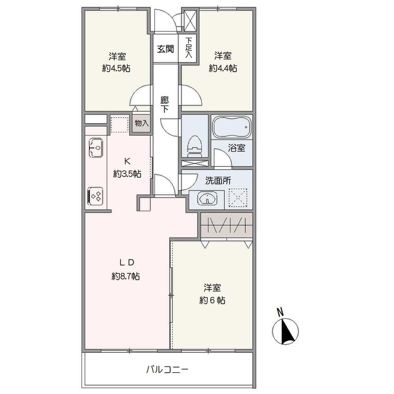 南向きの陽当り良好な住まい。キッチンへはLDと廊下からの2WAYアクセスができ家事動線良好。LDに隣接する約6.0帖の洋室は引き戸を開放し、続き間としての利用もできます。