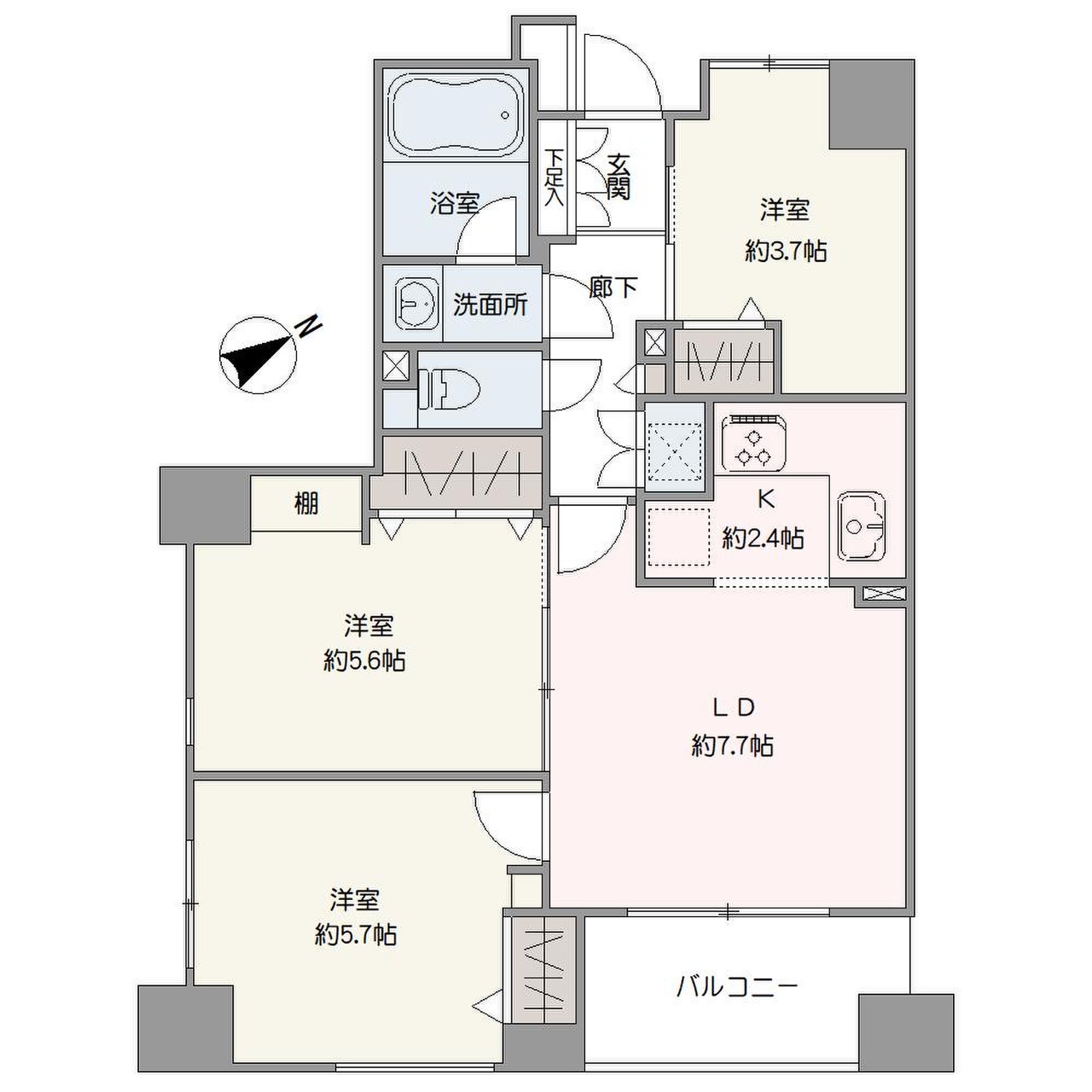 陽当たり・通風良好な南×東の角部屋です。3つの洋室にはそれぞれクローゼットが備えられているので、お部屋の広さを活かしてレイアウトを楽しめます。