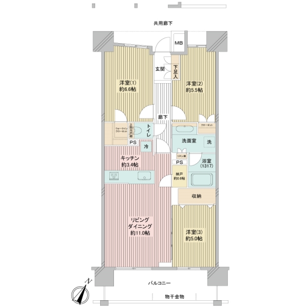 71.09㎡・3LDK・5階・南東向きのお部屋