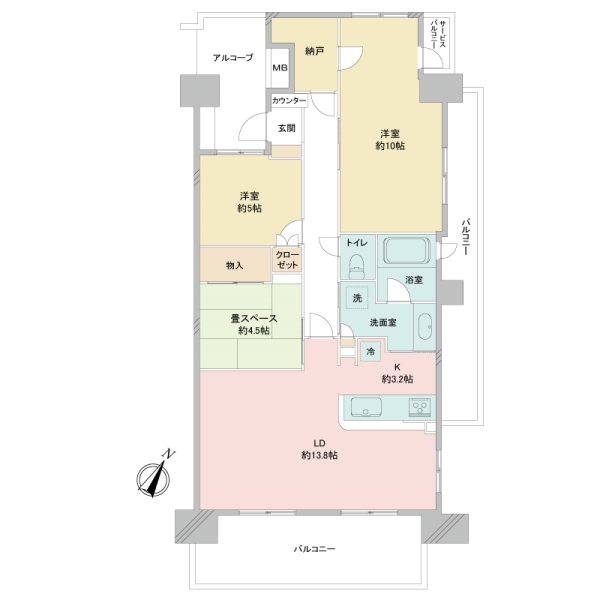 専有面積83.61㎡　南東向き角部屋住戸