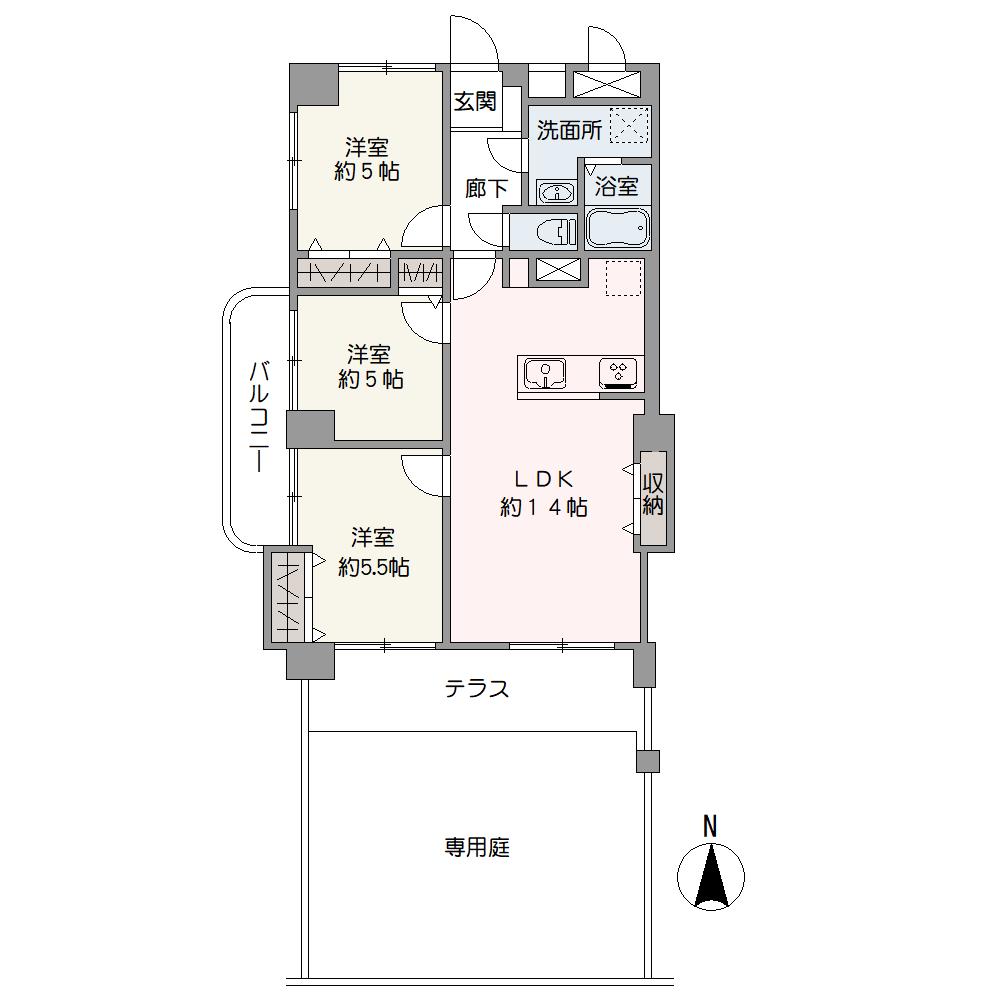 陽当り良好な南西角住戸。約14帖のLDKは、多用途に活用可能なテラス＆専用庭へ出入りできます。全居室に収納が備わっており、住空間を広々お使いいただけます。