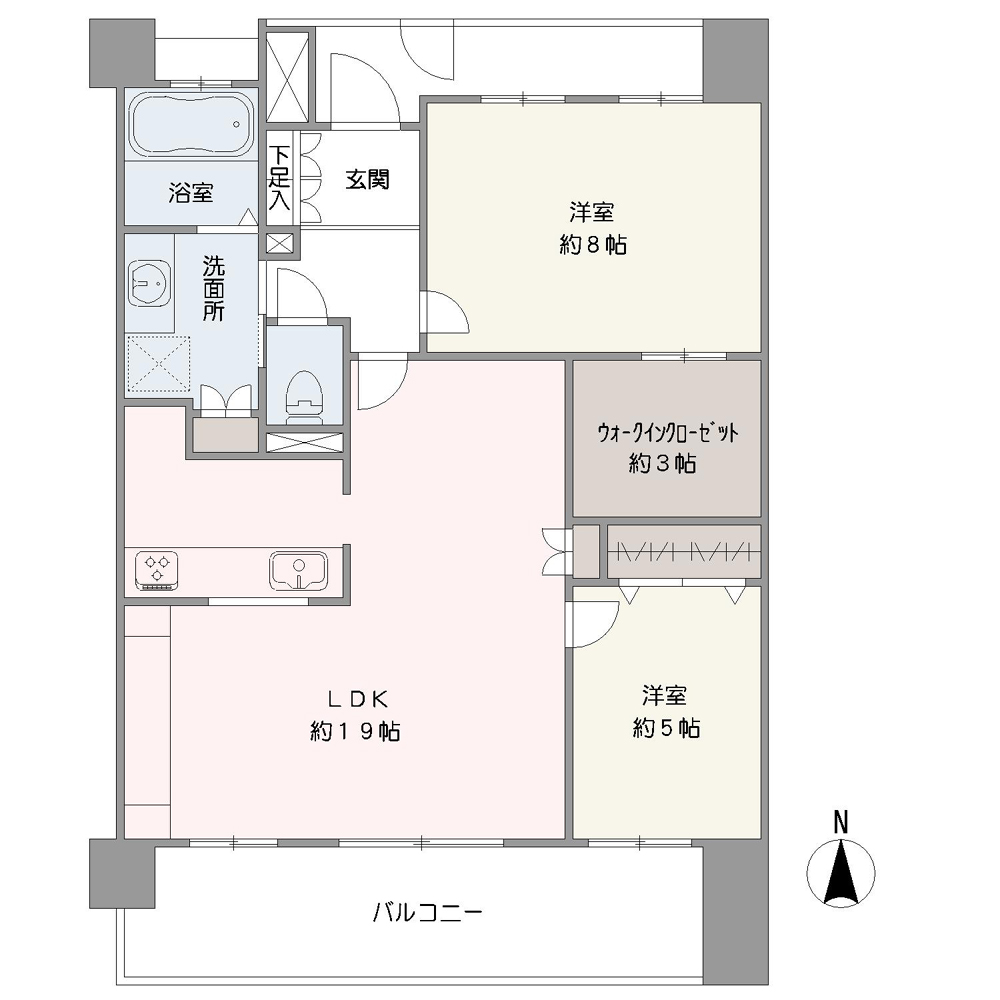 南向きのバルコニーが備わった、全居室収納付きの2LDK住戸です。玄関を入って右手に洗面室が設置されていますので、外出時の汚れをLDKに持ち込みにくく、衛生的です。