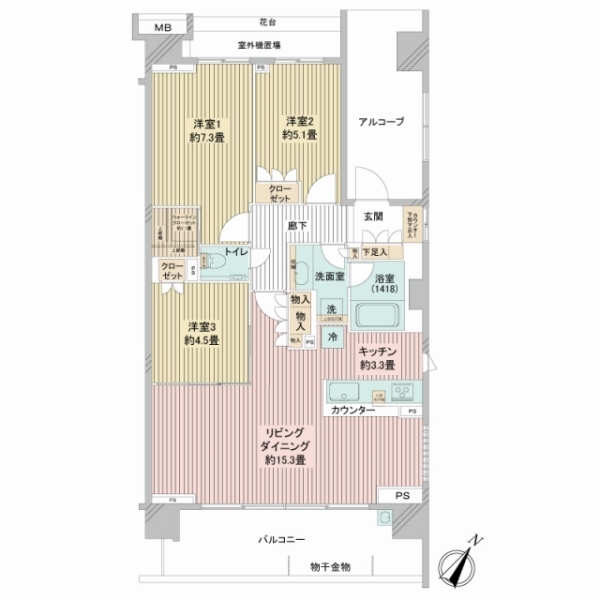 ２面開口で明るいお部屋です