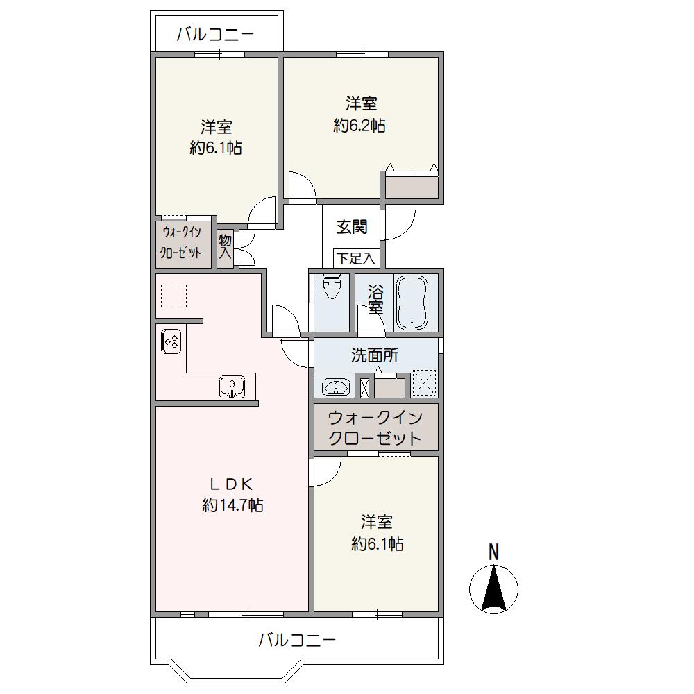 全居室6帖以上の住まいです。北側・南側の2面バルコニー付き。LDK・約6.1帖の洋室が南側バルコニーに面しています。WIC・物入・洗面所収納など、ご家族に嬉しい豊富な収納も魅力です。