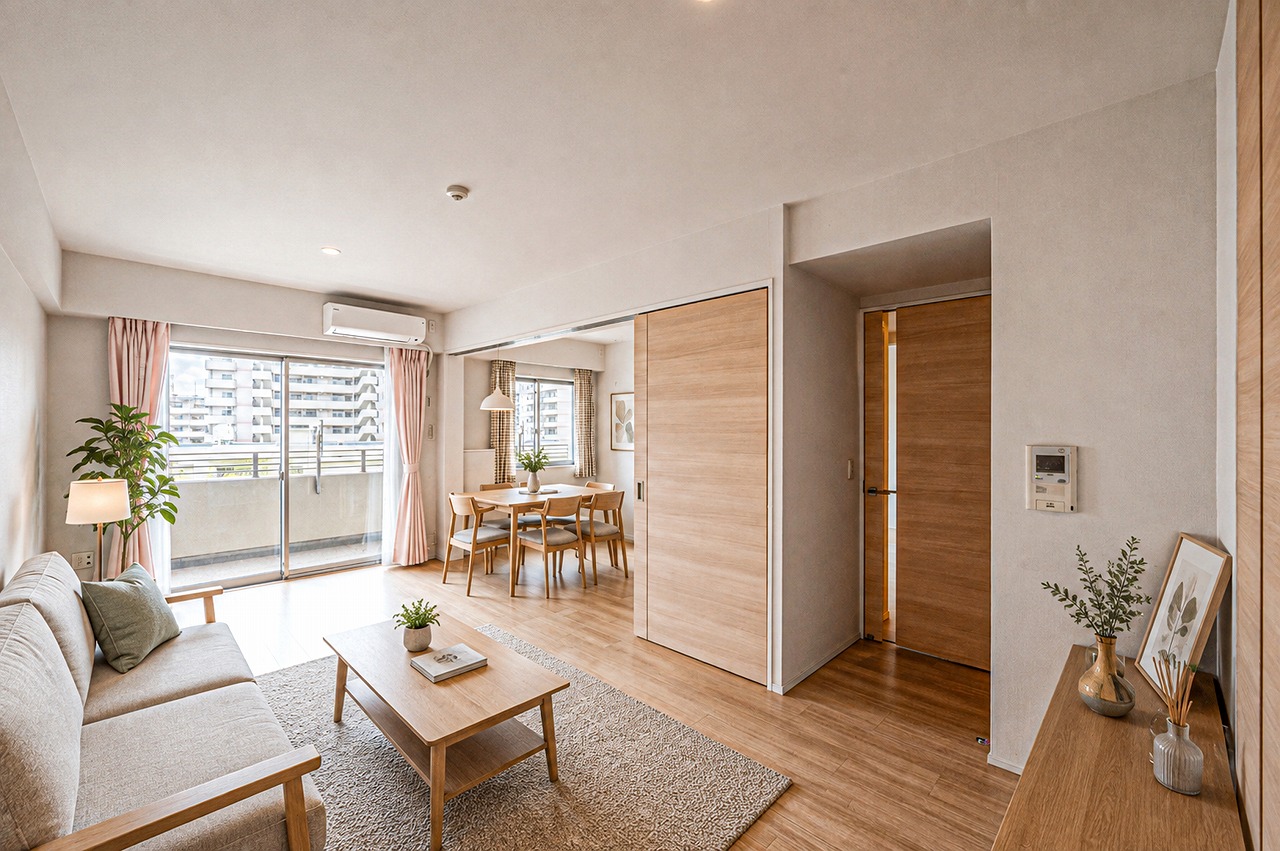 【リビングダイニング/約11.6帖】フローリングの木目が映えるシンプルな内装です。様々なインテリアと相性が良く、お好みのダイニングテーブルやソファを配置していただけます。