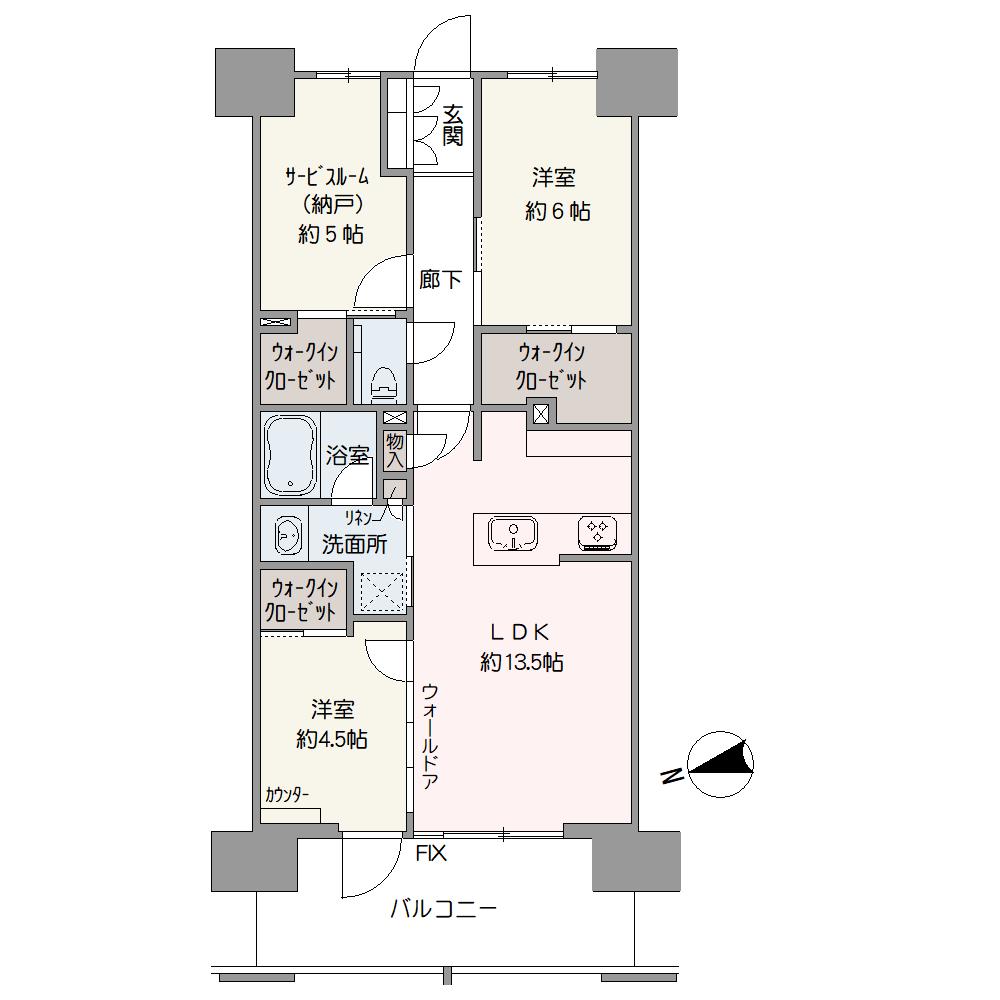 3つのWICをはじめ、全居室に収納が備わった「2SLDK」住戸。収納家具を最小限に抑えてお部屋を広々と使えます。LDKから洗面所や浴室にアクセスできる設計で、家事・生活動線がスムーズです。