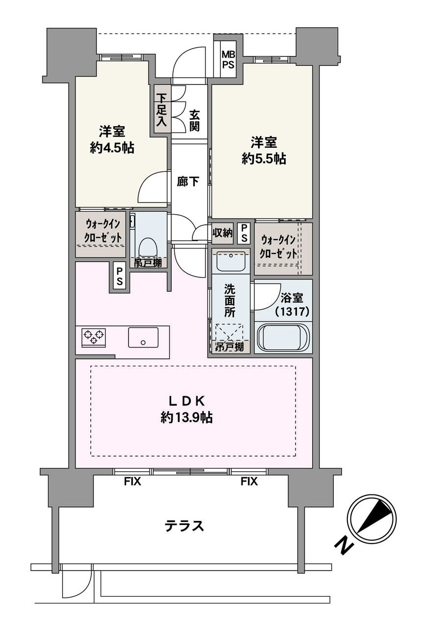 2か所のウォークインクローゼットのある収納豊富な2LDK。