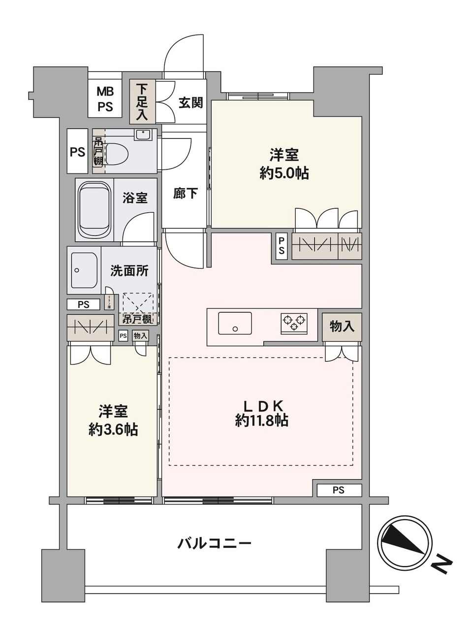 全居室収納、リビングの物入など各所に収納を備えた2LDK。
