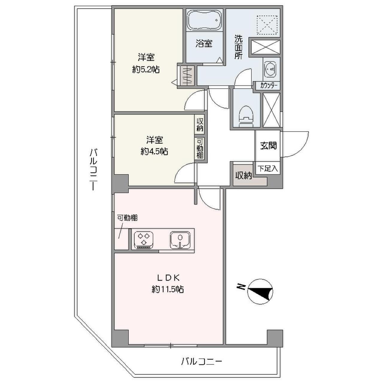 北・西の2面バルコニーが備わった「2LDK」角住戸。各洋室の収納や玄関ホール収納など、随所に収納が設けられており、住空間をすっきりとお使いいただけます。