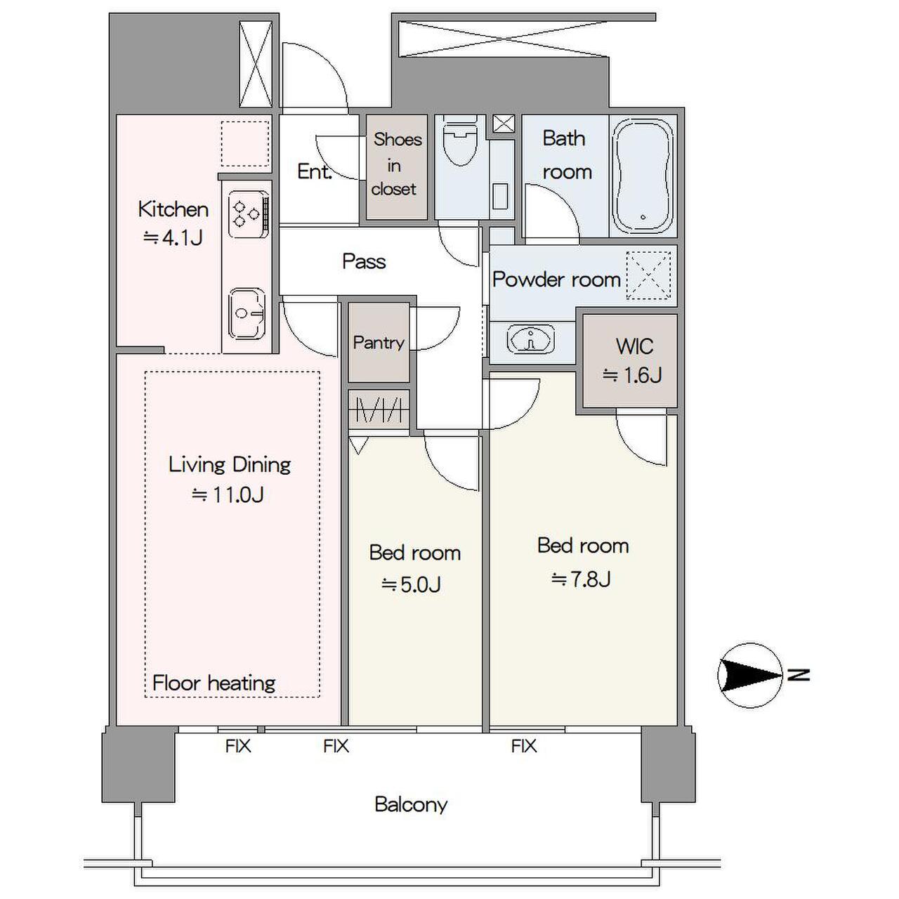 2026年1月リフォーム済み。全居室がバルコニーに面した、明るく開放的な「2LDK」の間取りです。WIC・SIC・パントリーなど、随所に収納スペースがあり、居住空間を有効活用できます。