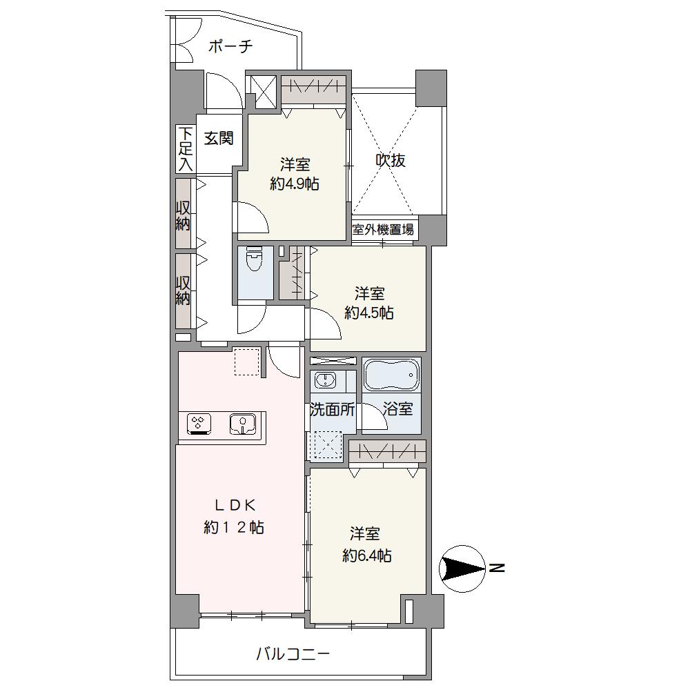 水回りが近くに集約された、家事動線良好な間取り設計です。各洋室や廊下など、随所に収納が設けられているため、住空間をすっきりと保てます。