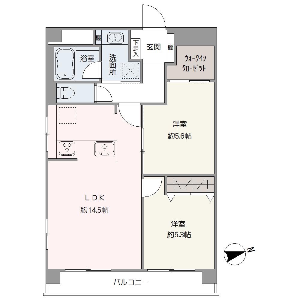 ウォークインクローゼットが新設された、収納豊富な住まい。窓の外には棟内敷地が広がり、開放感があります。多用途に使える2つの洋室が備わった、2LDKの間取りです。