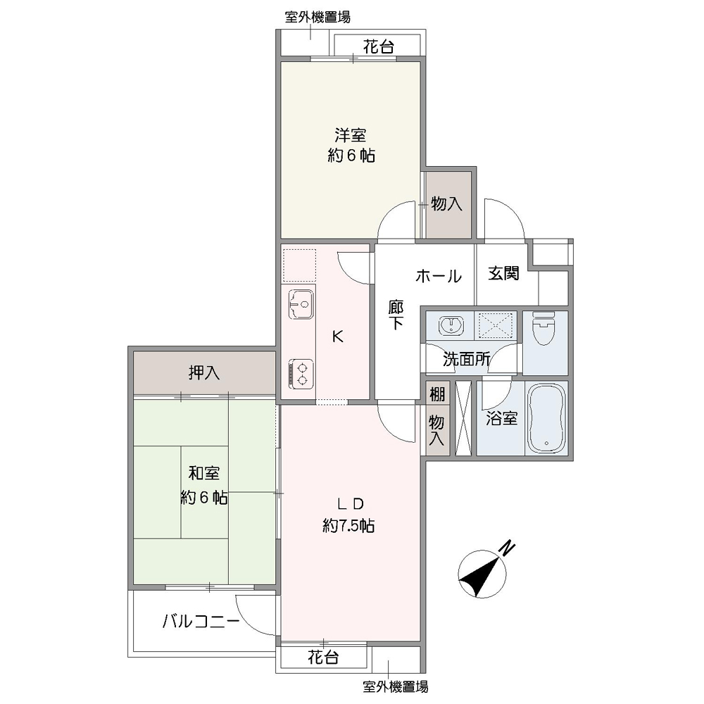 各居室6帖確保した2LDK。2wayキッチンで家事動線の良いつくりです。