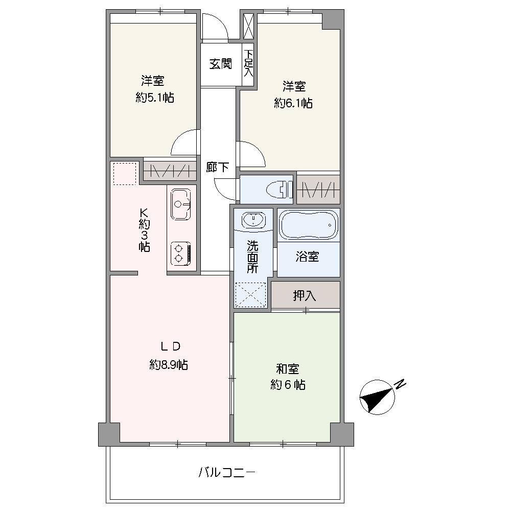全居室に採光が確保され、心地よい明るさが広がる住まい。LDKは約11.9帖で、壁付けのキッチンが採用されています。和室・洋室に収納があり、住空間を有効に使える設計です。