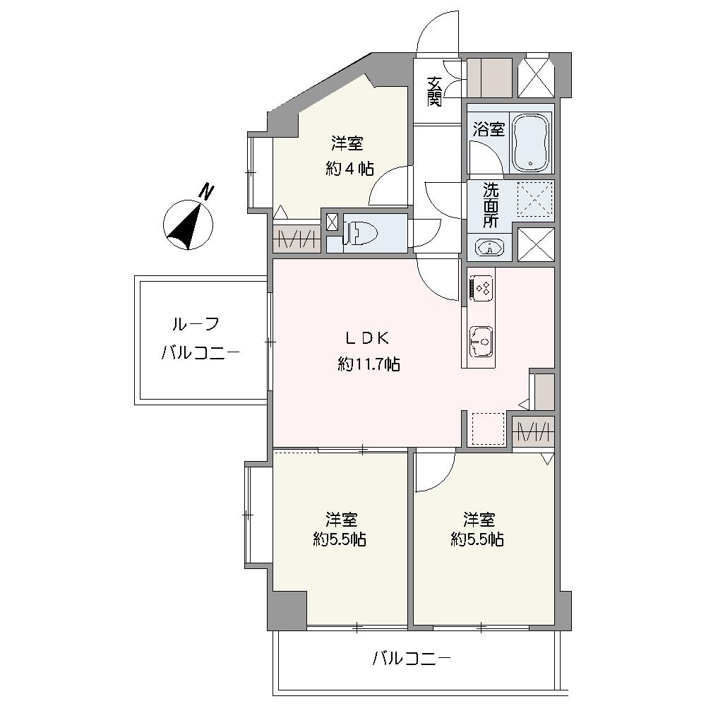 ルーフバルコニー付き3LDK。日当たり良好な南西向き角部屋3LDK。