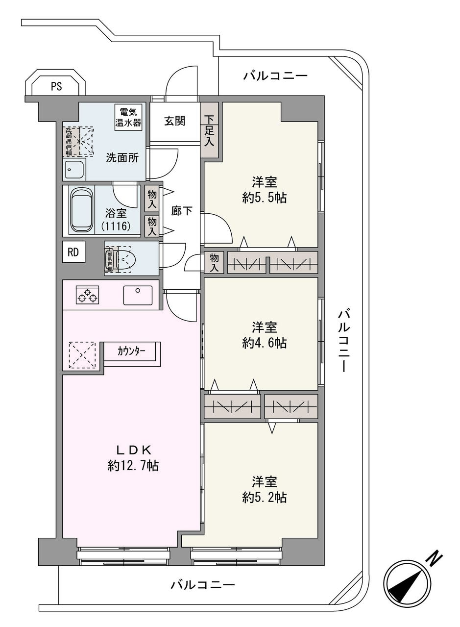 コの字バルコニー付きの3LDK。全居室がバルコニーに面しており、陽当たり、通風ともに良好です。全洋室に収納スペース、廊下に物入が備わっているため、荷物がすっきりと片付きます。