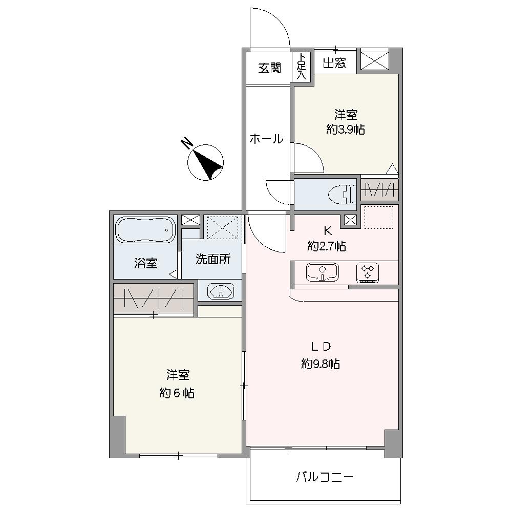 南西向きバルコニー付きの2LDK住戸。LDKに隣接する洋室は、引き戸を開けて続き間としても活用可能。暮らしの変化に対応しやすい間取り設計です。各洋室に収納があり、お部屋のスペースを有効に使えます。