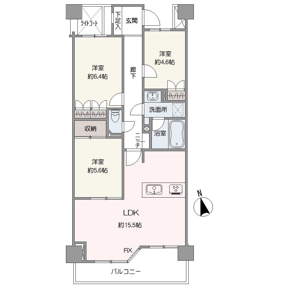 南向きの日当たり、通風良好な3LDK。