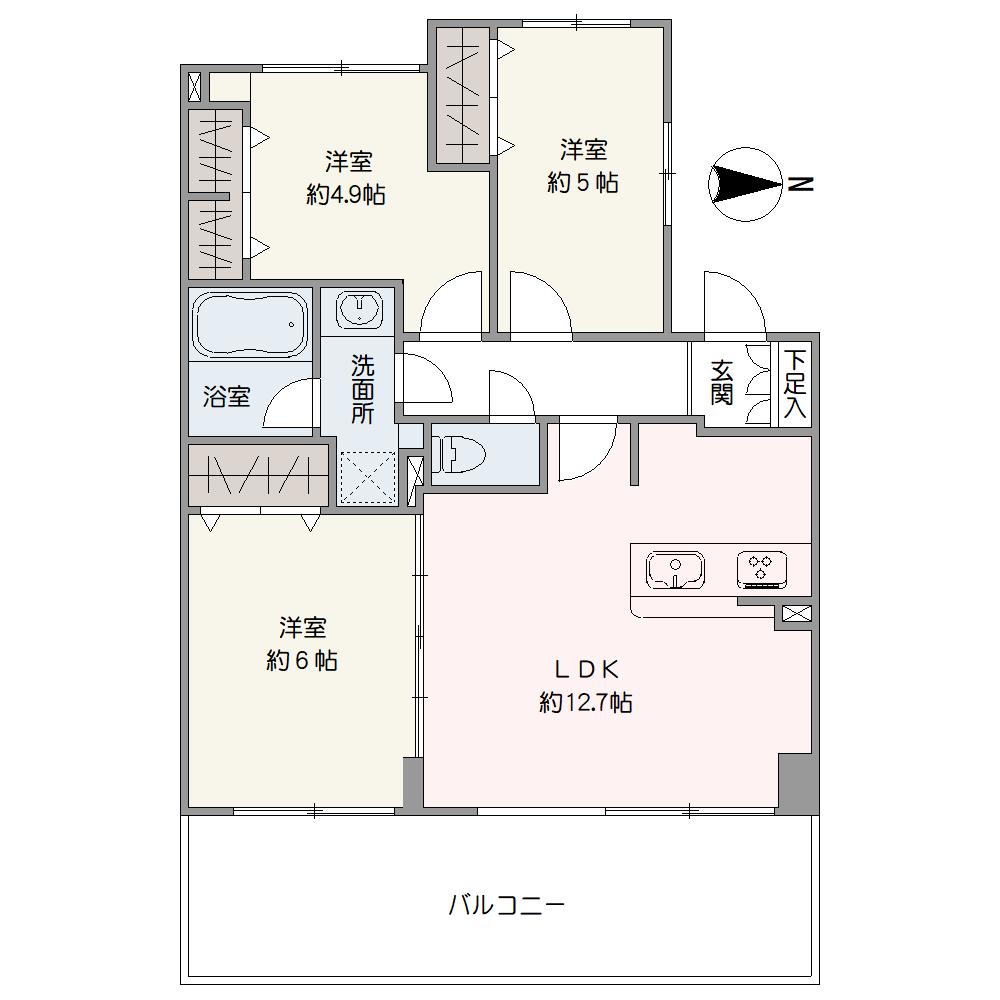 LDKに約6帖の洋室が隣接しています。間仕切りを開放して一体利用をすると、約18.7帖の広々空間に。各洋室にクローゼットが設置されています。