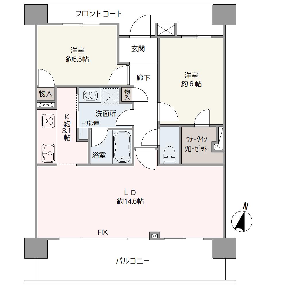 南向き2LDK。家事動線の良い2wayキッチンです。