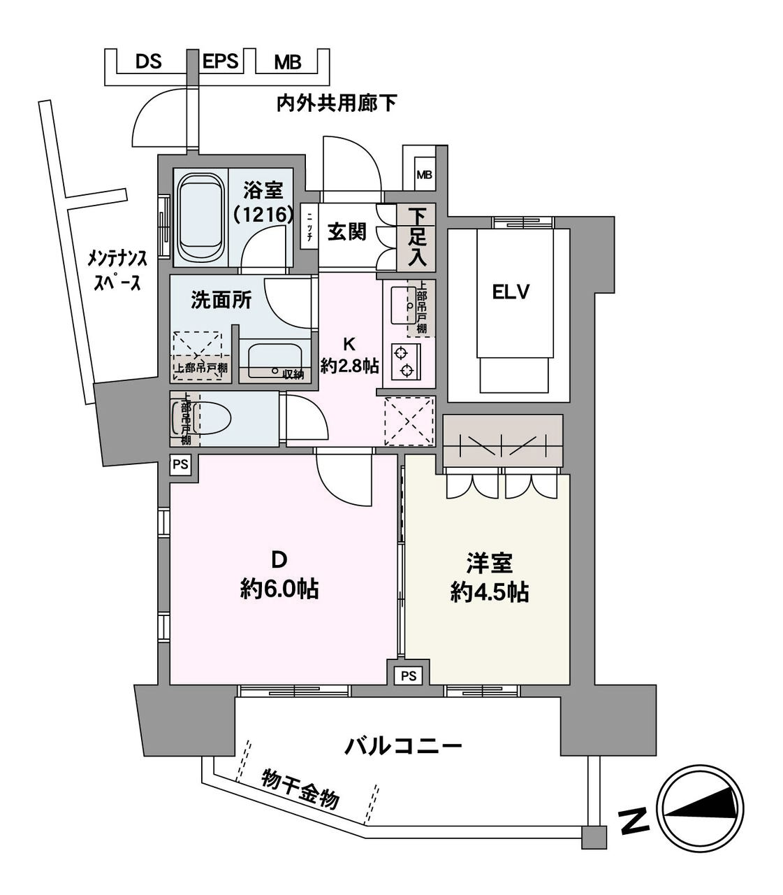 1DKの2階角住戸。玄関のそばに洗面室があるので、帰宅後すぐに手洗いができて衛生的です。洋室はクローゼット付き。洗面室、トイレにも収納棚が備わっているので、すっきりとした空間を保てそうです。