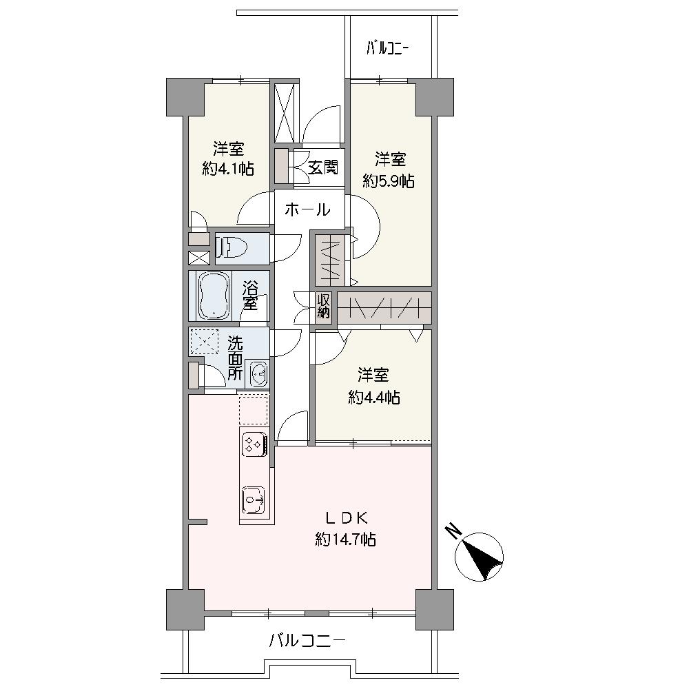 各所に収納が備わった3LDK。南西向きにつき、日当たり良好なお住まいです。