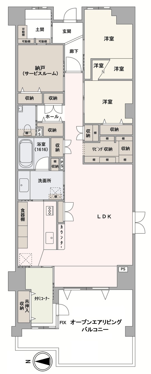 各所に設けられた豊富な収納が魅力の一室。角部屋につき風通しの良いお住まいです。