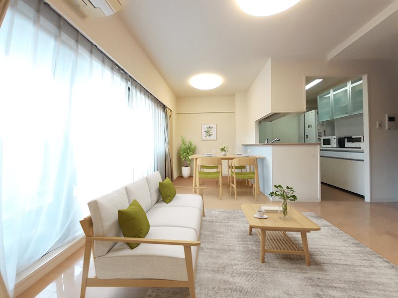 料理中もリビング全体が見渡せるため、小さなお子様がいても安心です。※CG加工でイメージ家具を配置・・・