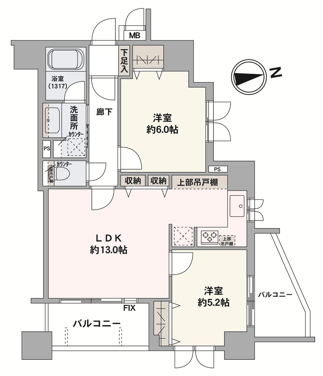 2面バルコニーが備わった、東向き角住戸。室内を心地良い風が通り抜けます。