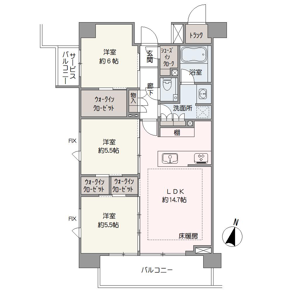 ウォークインクローゼットやトランクなど、豊富な収納を備えた最上階・角部屋3LDK。