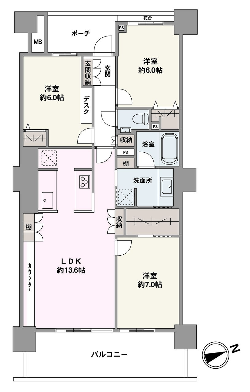 全居室6帖以上のゆとりある住戸。ウォークスルークローゼットが付いているため、LDK・約7.0帖洋室・洗面所を回遊することができます。家事・帰宅動線がスムーズな間取り設計です。