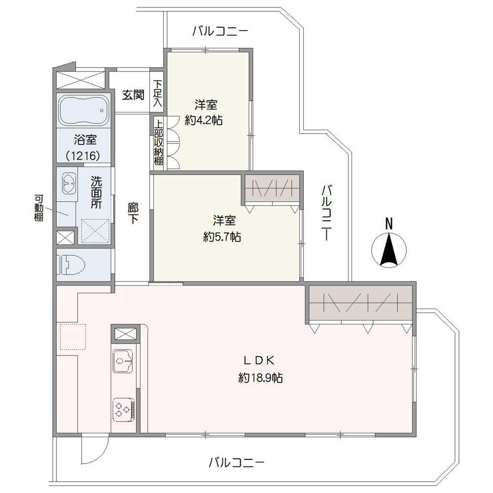 最上階・角部屋の2LDK。