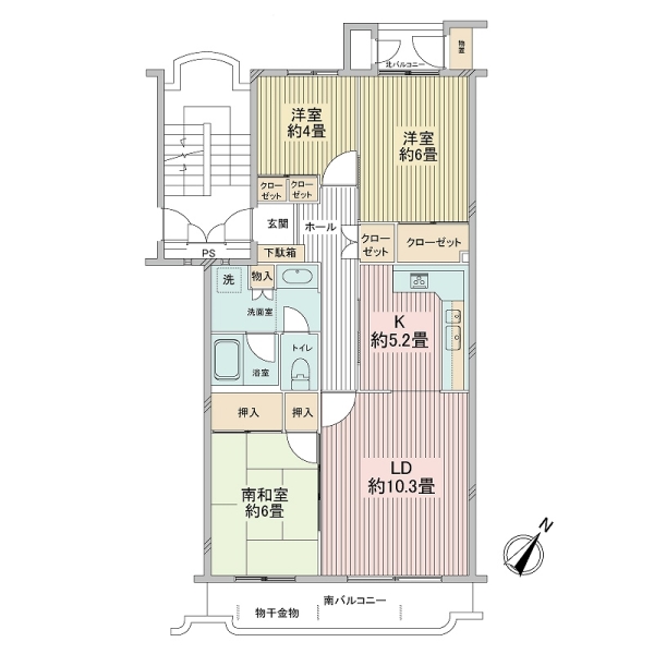 3LDK・約76㎡。各居室収納付きで使いやすい間取りです。