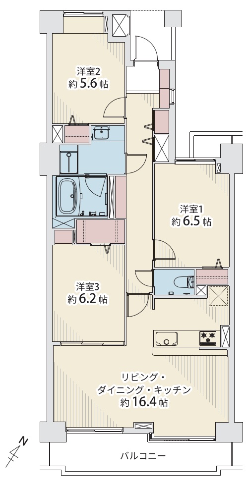 全洋室と廊下に収納を備え、居住空間を広く使うことが可能です。調理や片付けをしながら、ご家族とコミュニケーションがとれる対面式キッチンが採用されています。