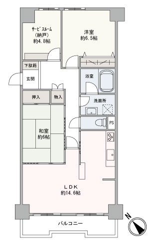 陽当たりを確保しやすい南西向きのバルコニーが設けられた、2LDK+Sの住まい。収納が各所にあるので、居住スペースをすっきりと保つことができます。