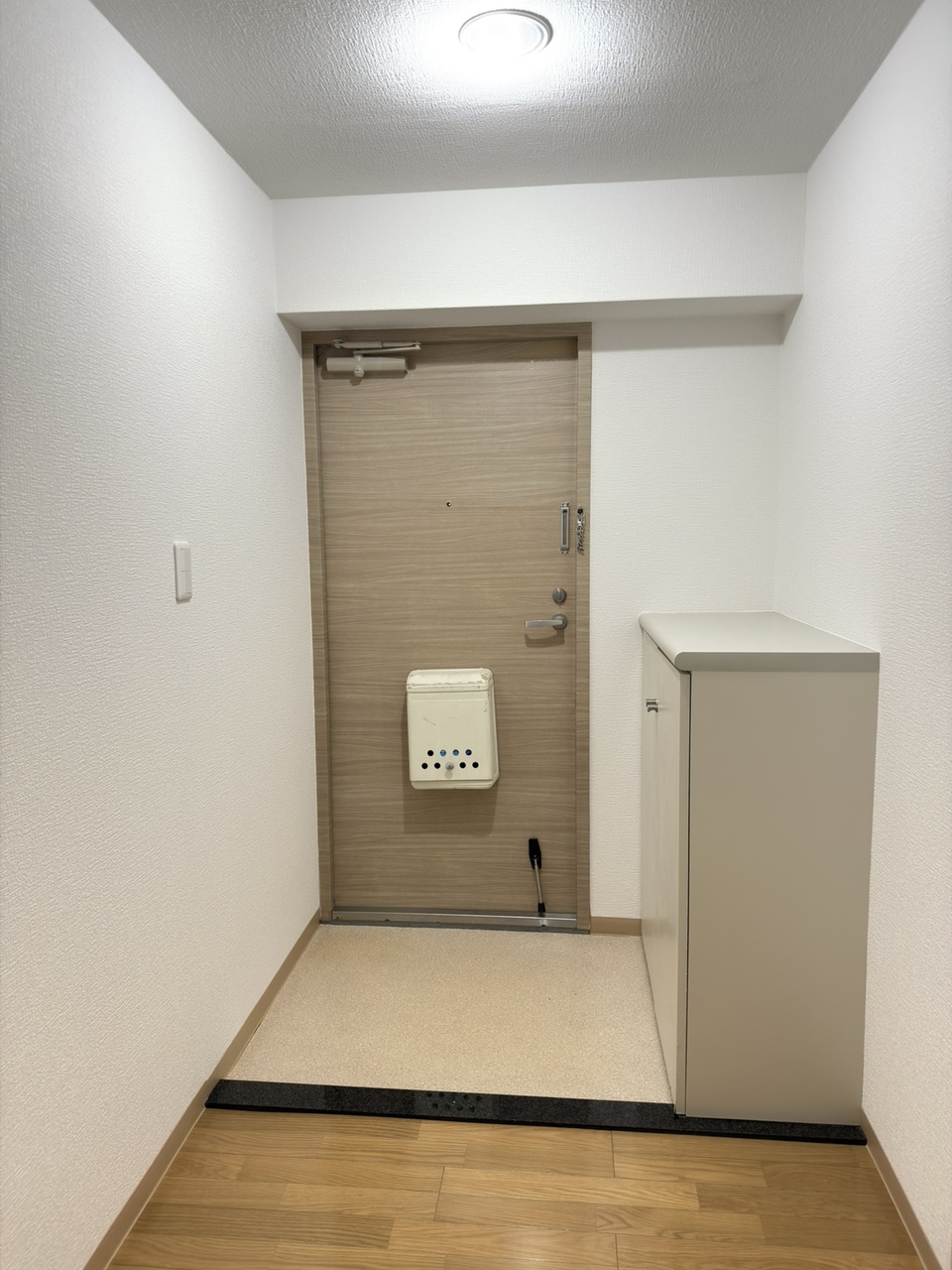【玄関】玄関は下駄箱付きなので、散らかりがちな玄関をすっきりと片付けられます。下駄箱の上には、観葉植物やお気に入りの写真などを飾っておけるスペースがあります。