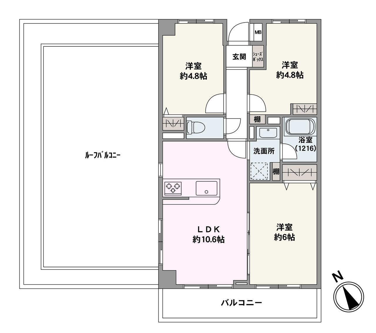 32㎡のルーフバルコニーが付いた3LDK。南西向き角住戸により、陽当たり・通風良好です。2面採光で明るいLDKは、隣接する約6帖洋室と一体利用も可能。水回りが集約されているので家事動線がスムーズです。