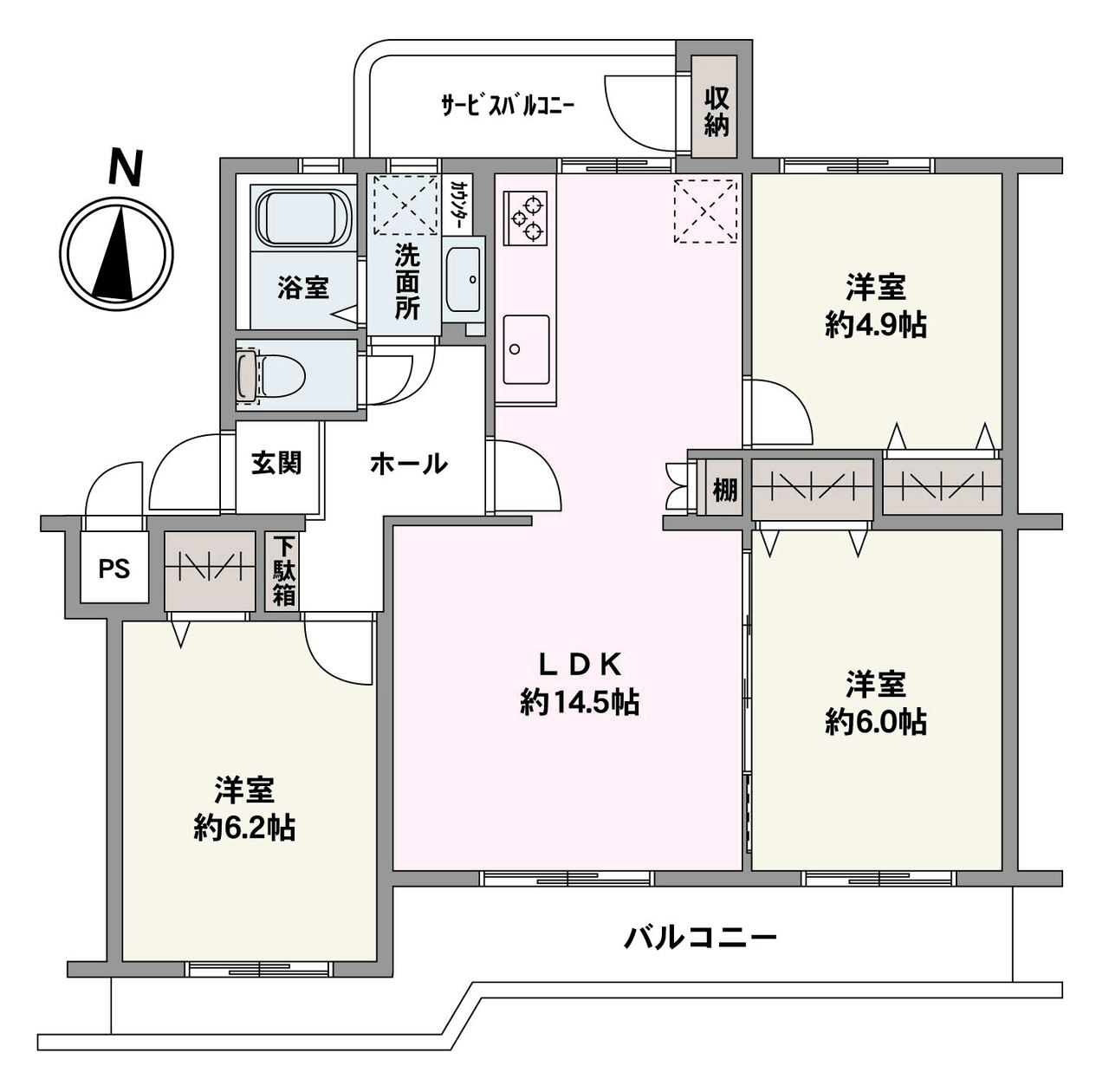 暖かな陽光が差し込みやすい南向きの3LDK。全居室収納付きで、住空間を広く使うことができます。玄関のそばに洗面室があるので、帰宅後すぐに手洗いができて衛生的です。