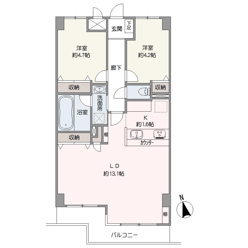 各居室に収納が備わった南向き2LDK。