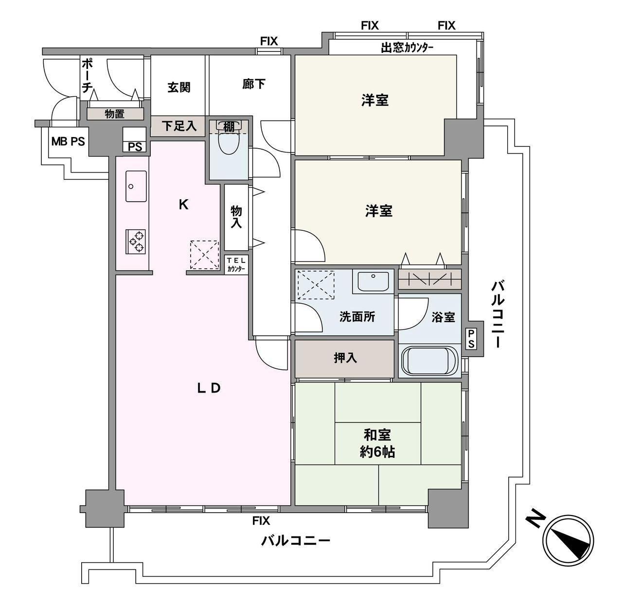 住戸のプライバシーも守られやすい角住戸3LDK。専有面積71.33m2になります。