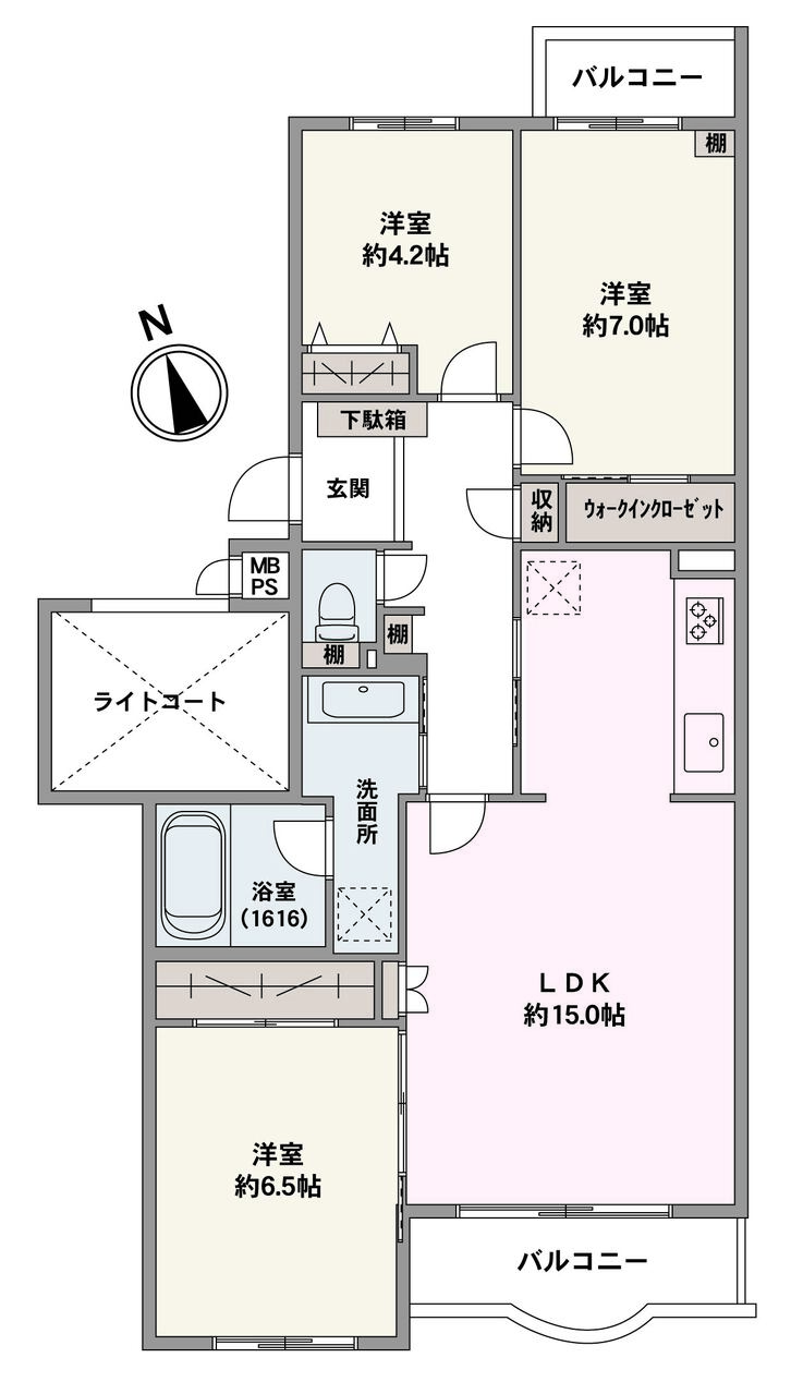 居室の収納や廊下など各所に収納を備えた3LDK。