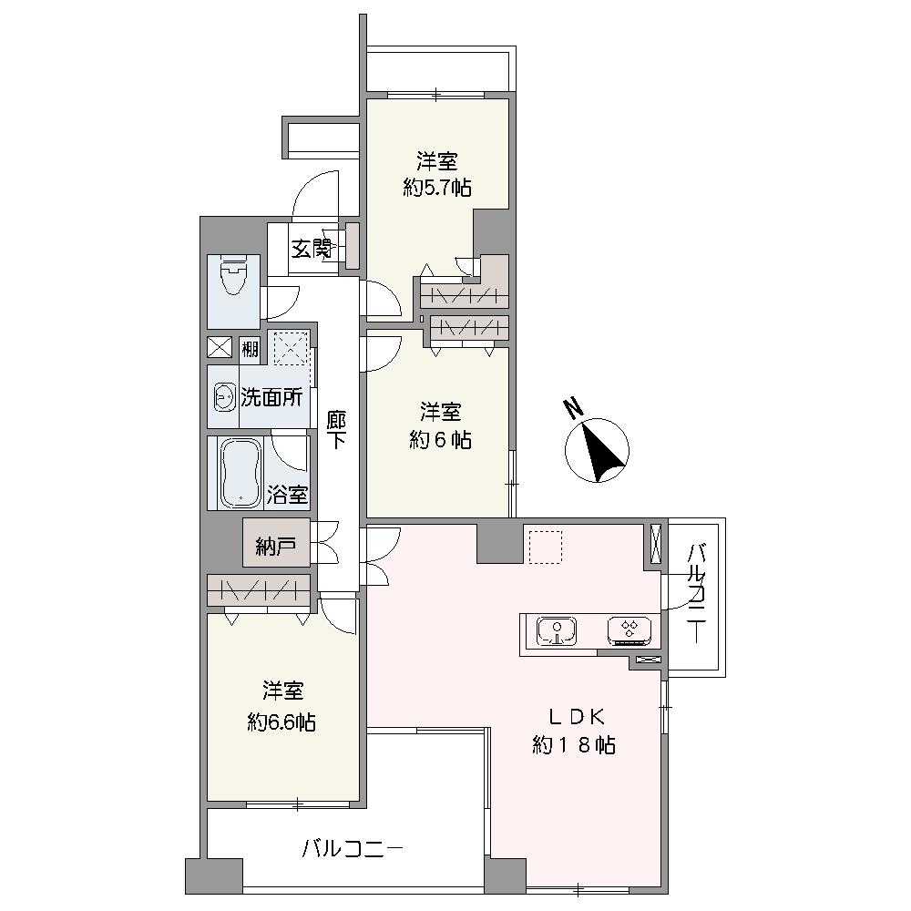 約18帖のLDKは2面バルコニーに面していて開放的。全洋室と廊下に収納があるので、すっきりとした住空間を実現できそうです。2023年11月、内装リフォーム履歴があります。